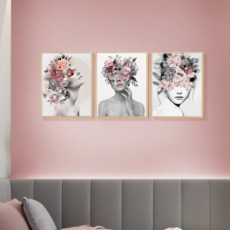 Kit 3 Quadros Decorativo Mulher Abstrato Surreal Floral Trio com Moldura - 2