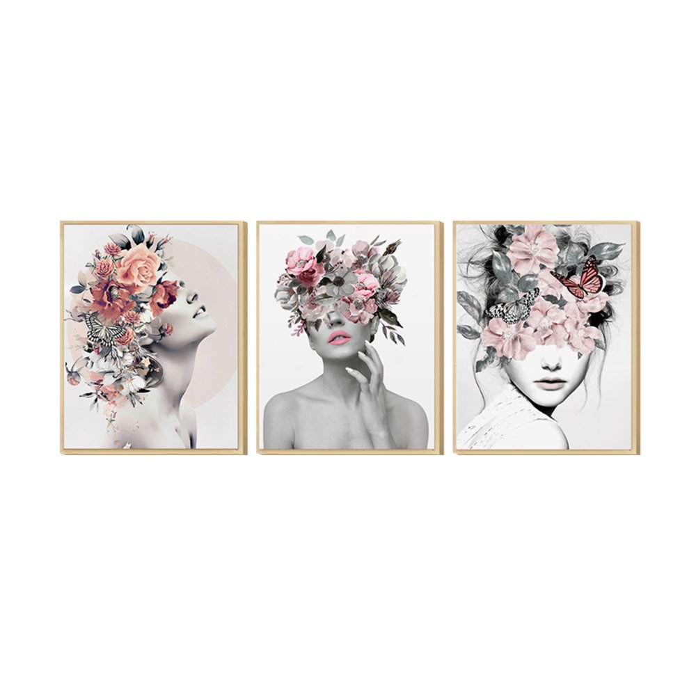 Kit 3 Quadros Decorativo Mulher Abstrato Surreal Floral Trio com Moldura