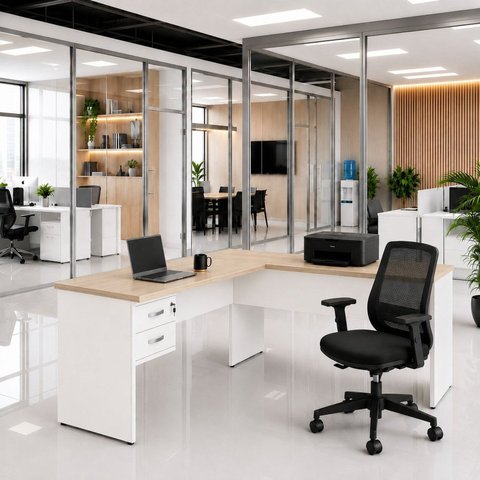 Mesa de Escritório em L 140x60cm com 2 Gavetas + Cadeira de Escritório Ergonômica Reclinável