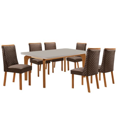 Mesa de Jantar Liz 180cm Tampo MDF Vidro Canto Copo com 6 Cadeiras Yasmin