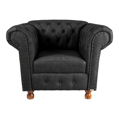 Poltrona Luis XV Chesterfield Capitone Couro Eco Preto Decorativa / Sala, Tv, Estar, Recepção