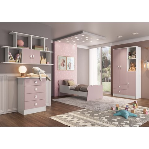 Quarto Infantil Completo Docinho com Guarda-Roupa, Cômoda, Mini Cama e Nicho Espresso Móveis Rosa/Branco