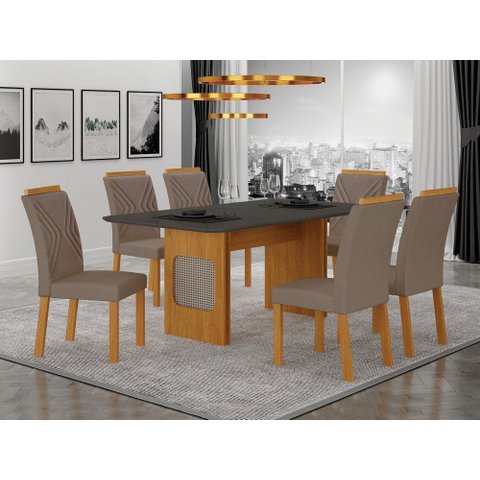 Conjunto Sala de Jantar Lara 1,80m com 6 Cadeiras Clara Plus Cinamomo/Chumbo/Joli Camurça