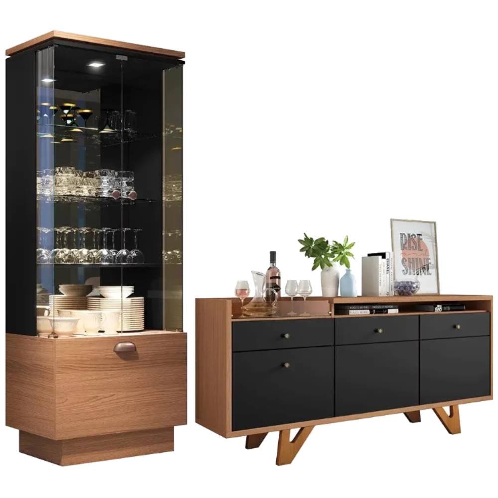 Kit Cristaleira e Buffet Aparador Onix Nature Preto Bnn Decor HB Móveis ...