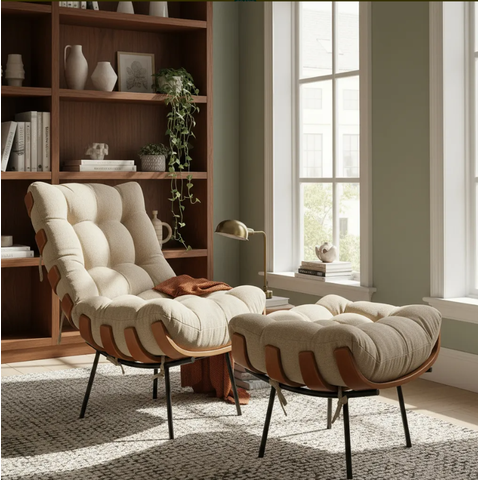 Kit Poltrona Costela Luxo em Linho Bege Conforto e Elegância para Sala e Escritório