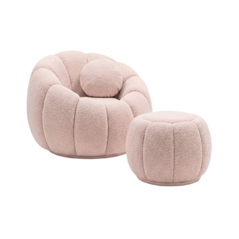 Kit Poltrona Decorativa Concha C/almofada e Puff Boucle Rosê Abobora - Montanaris Decor
