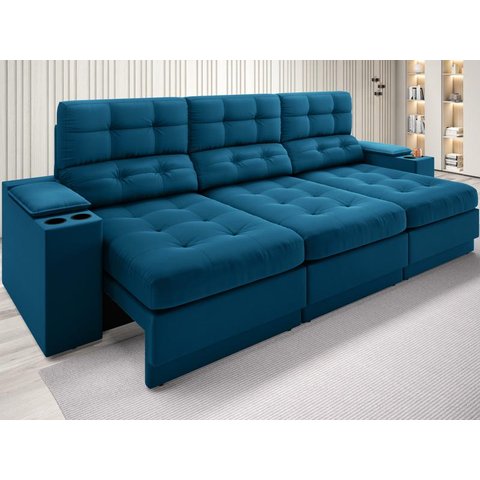 Sofá com Porta Copos e Carregador USB Eureka 2,30m Assento Retrátil e Reclinável Velosuede