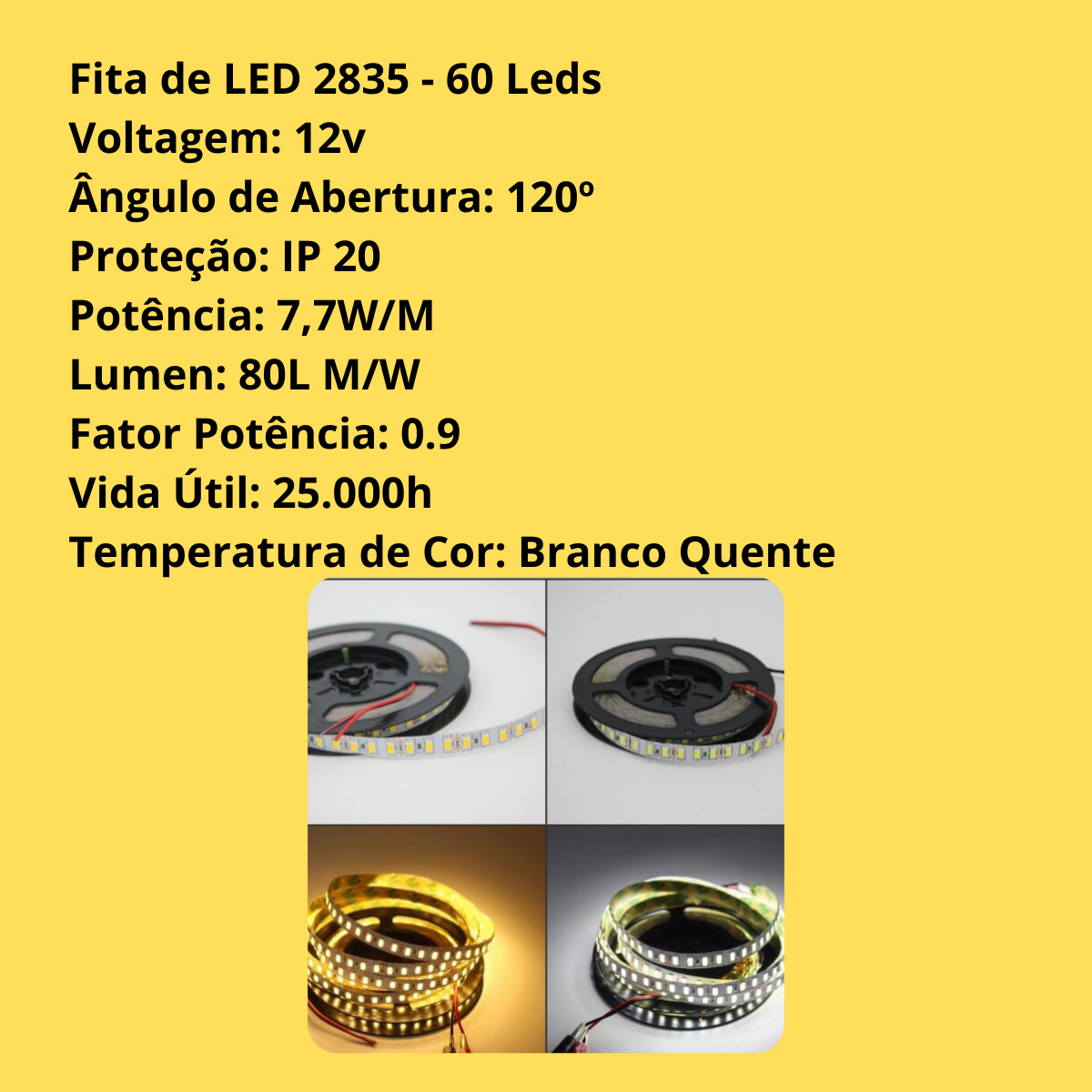 Fita Led 2835 5m 12V IP20 60 Led 2700K Branco Quente Adesiva Decoração - 5