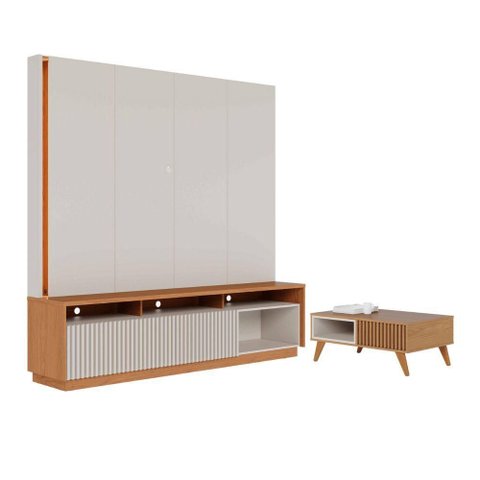 Conjunto Home para TV com Rack e Mesa de Centro 2 Portas 1 Prateleira MDP MDF 200cm Off White Matte