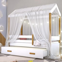 Cama Montessori com Auxiliar Cordão Led e Dossel - Branco - 3