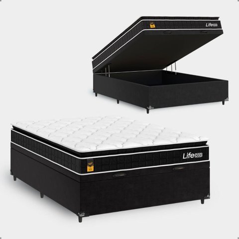 Cama Box Baú Viúva + Colchão Life D33 Pillow Top 61x128x188cm - Preto - e-Shop Casa