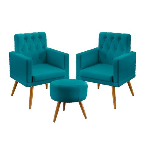 Kit 2 Poltronas Vega Rodapé e Capitonê com Puff Solar Suede Azul Turquesa Aradecor