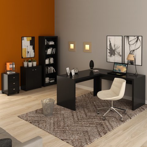 Conjunto Home Office 4 Peças com 1 Mesa em L, 1 Estante, 1 Gaveteiro e 1 Armário para Escritório Pre