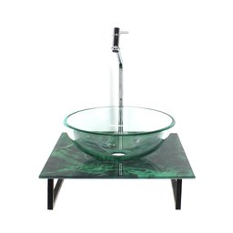 GABINETE DE VIDRO COM CUBA REDONDA INCOLOR COM TAMPO DE VIDRO 40CM X 40CM MÁRMORE VERDE - 1
