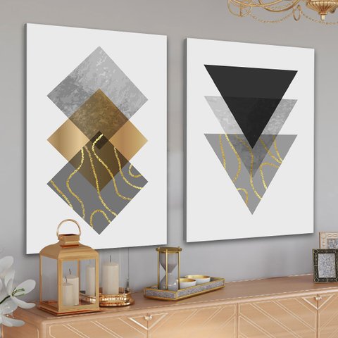 Conjunto Quadros Decorativos Sala Quarto Abstratos Geométricos em Tecido Canvas
