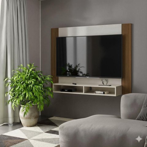 Painel Milão para Tv até 43 Polegadas com 02 Nichos - Via Nossa - Off White e Ripado