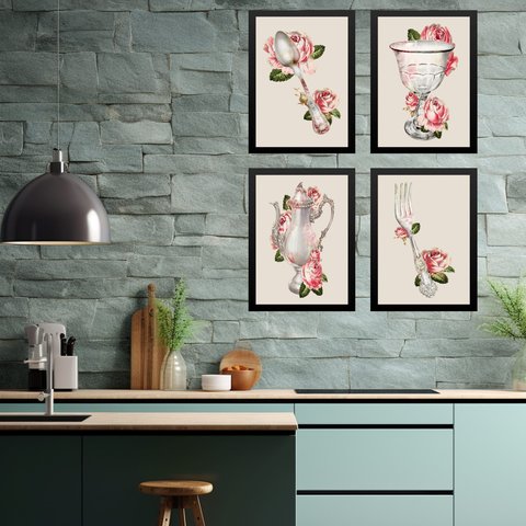 Kit 4 Quadros Cozinha Vintage- Flores 45x34cm:moldura Branca