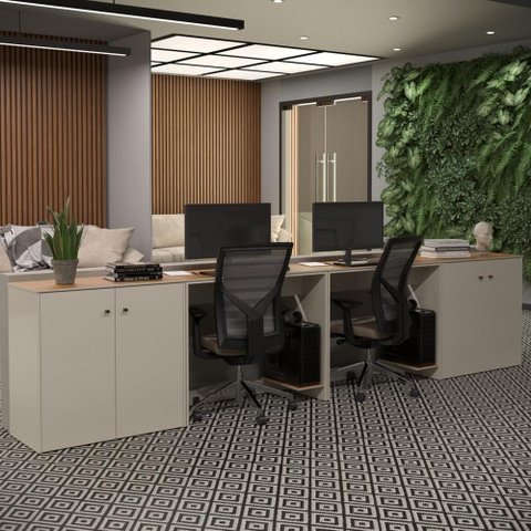Conjunto de Escritório 4 Peças Smart Office 2 Mesas e 2 Aparador Buffet - Off White e Cedro