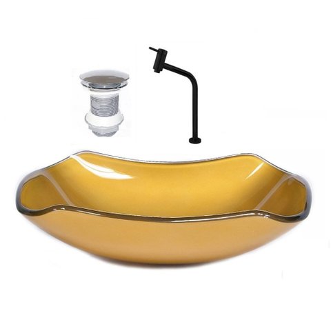 CUBA DE VIDRO ABAULADA 45CM DOURADO REAL + VALVULA + TORNEIRA PRETA