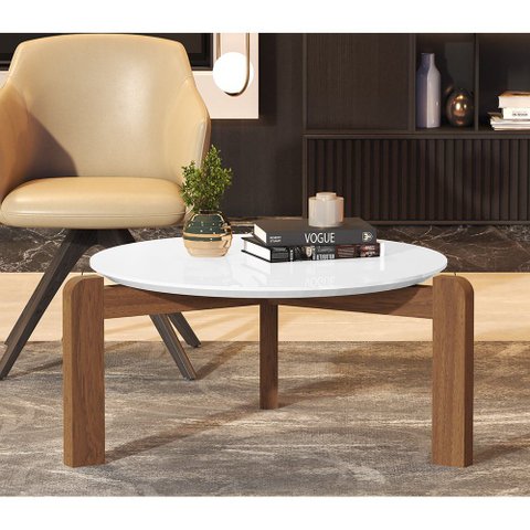 Mesa de Centro Redonda Austria Tampo Branco Base em Madeira Maciça