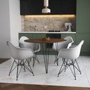 Ver imagem 1 de Mesa Jantar Redonda 110cm Amêndoa Clips 3 Pés com 4 Poltronas Brancas Eames Eiffel Ferro Preto