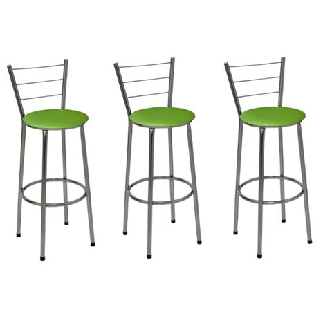 Kit 3 Banquetas Média Cromada Com Encosto Assento Verde