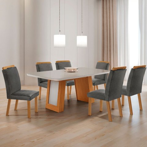 Mesa de Jantar Carolina Tampo 180cm MDF Vidro Canto Copo e 6 Cadeiras Athenas