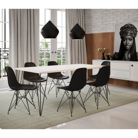 Conjunto de Mesa Eames Clips de Ferro Preto Tampo Branco 135x75 6 Cadeiras Preta Assento Preto