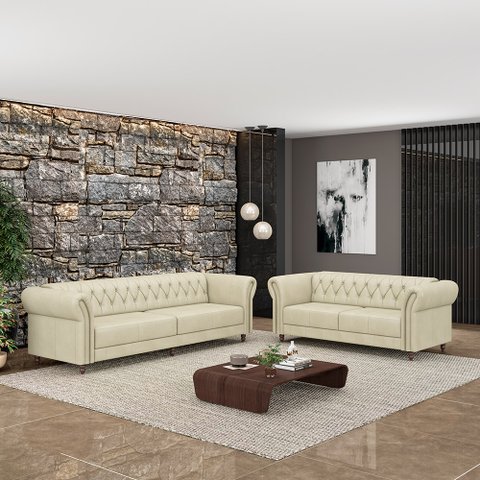 Conjunto de Sofá Sala de Estar Stanford Chesterfield 2 e 3 Lugares 180cm/240cm Pés Madeira Couro Off