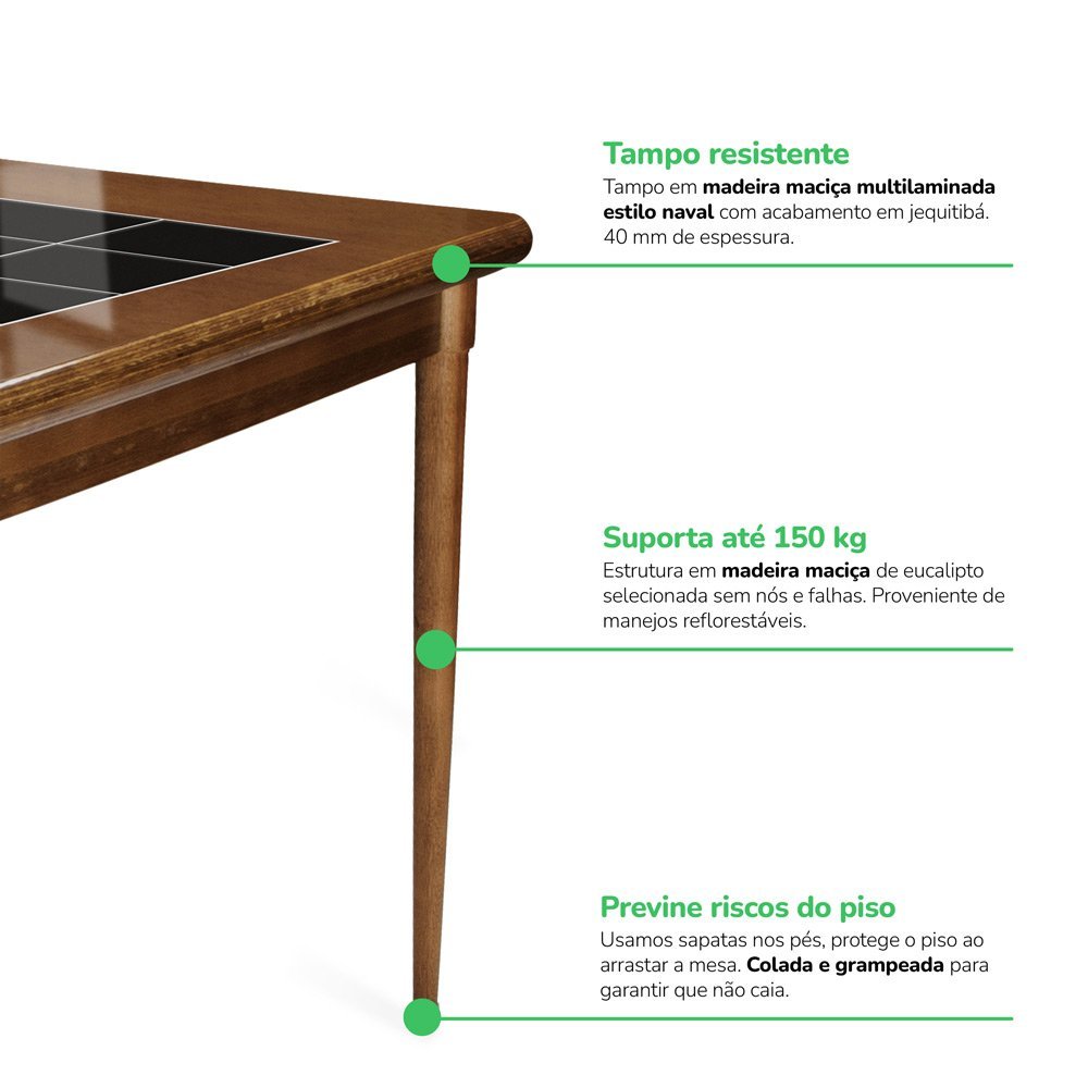 Mesa retangular para varanda gourmet em madeira e 28 azulejos com 3 cadeiras de madeira - Familia e  - 12