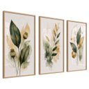 Ver imagem 2 de Kit 3 Quadros Folhagem Verde Dourado Aquarela com Moldura Bambu