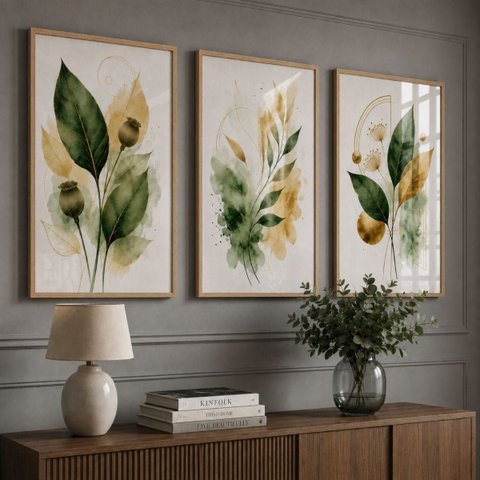 Kit 3 Quadros Folhagem Verde Dourado Aquarela com Moldura Bambu
