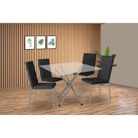 Sala de Jantar Completa Volga C/ Tampo de Vidro 90cm e 4 Cadeiras Amsterdã Niquel - Courano Preto