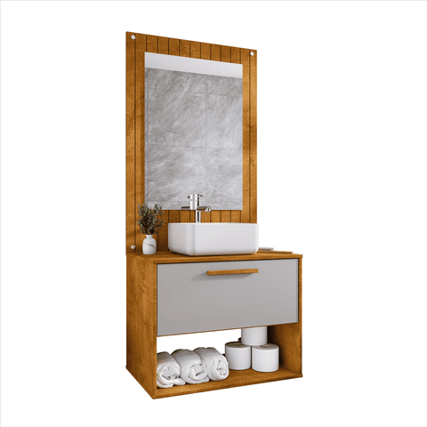 Conjunto para Banheiro Zenit Gabinete com Espelho 1 Gaveta e Cuba Naturalle com Off White - Ofertamo