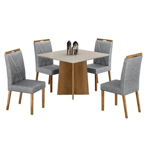Mesa de Jantar Jade 90cm Cinamomo Off White com 4 Cadeiras Lara Linho Prata - Valdemóveis