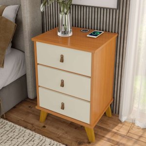 Mesa de Cabeceira Texas com 3 Gavetas Carregador sem Fio: Cinamomo/off White