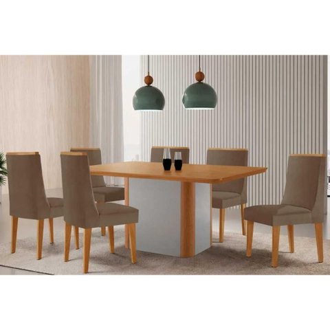 Conjunto: Mesa de Cozinha Pietá c/ Tampo Madeirado Canto Curvo 180x90cm e 6 Cadeiras Dakota