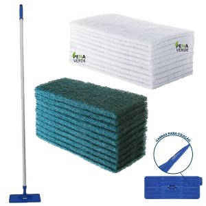 Kit Suporte Limpa Tudo com Junção Articulada + Cabo 1.4 Metros Ergonômico e Manopla + Fibras 10 Verd