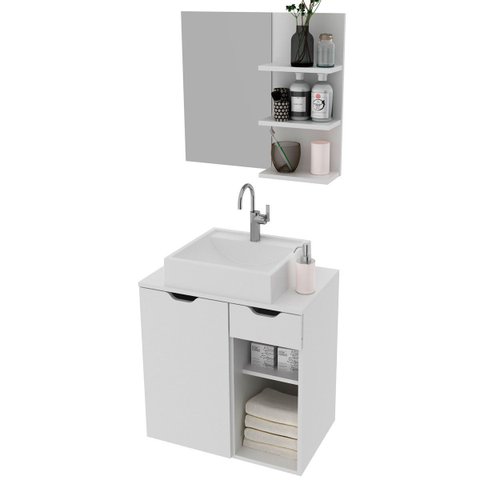 Kit Gabinete e Espelheira de Banheiro 60 Cm Cuba Romana Branco