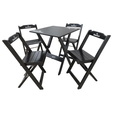 Conjunto Mesa Dobrável 60x60 com 4 Cadeiras de Madeira Personalizada Hei Preta - Cor: Preto