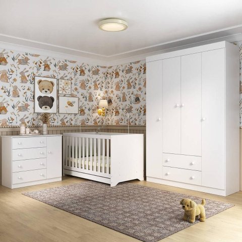 Quarto de Bebê Completo Berço Americano 3 em 1 Encanto Multimóveis Mp4581 Branco