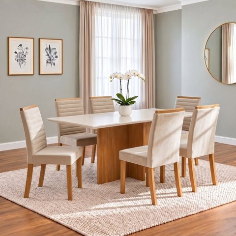 Conjunto Sala de Jantar Mesa Lana 160cm Tampo MDF Canto Reto 6 Cadeiras Tainá