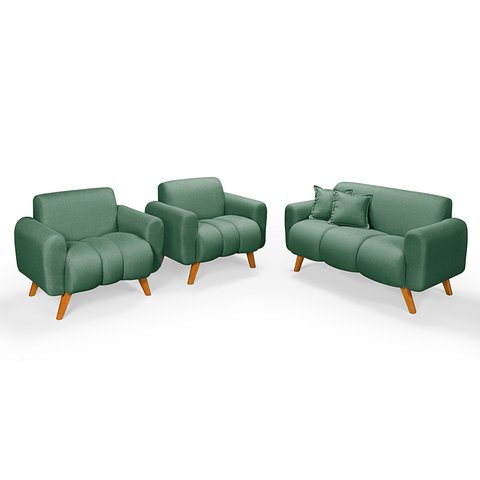 Conjunto Dallas Namoradeira com Duas Poltronas em Linho Pes em Madeira: Verde