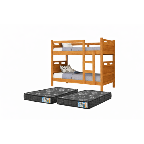 Beliche Solteiro MDF com 2 Colchões D20 188x88 Guarda Corpo Escada Transforma em 2 Camas:Nature