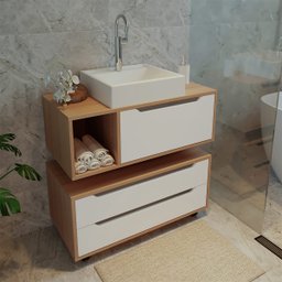 Kit de Banheiro Gabinete com Pia e Gaveteiro Amêndoa Branco - 1