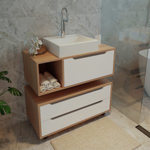 Kit de Banheiro Gabinete com Pia e Gaveteiro Amêndoa Branco