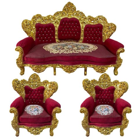 Jogo de Sofá Clássico com Par de Poltronas Vermelho com Dourado 160x226x100cm e 133x93x90cm