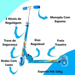 Patinete Infantil Menino Azul c/ 3 Rodas Luzes Led 50Kg Dobrável - 3