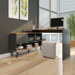 Mesa Escrivaninha em L com Estante 128/145x84 Cm 2 Gavetas MDP Carvalho Cinza 0747 MENU - 1