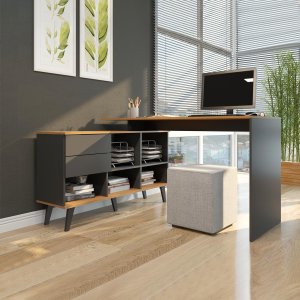 Mesa Escrivaninha em L com Estante 128/145x84 Cm 2 Gavetas MDP Carvalho Cinza 0747 MENU